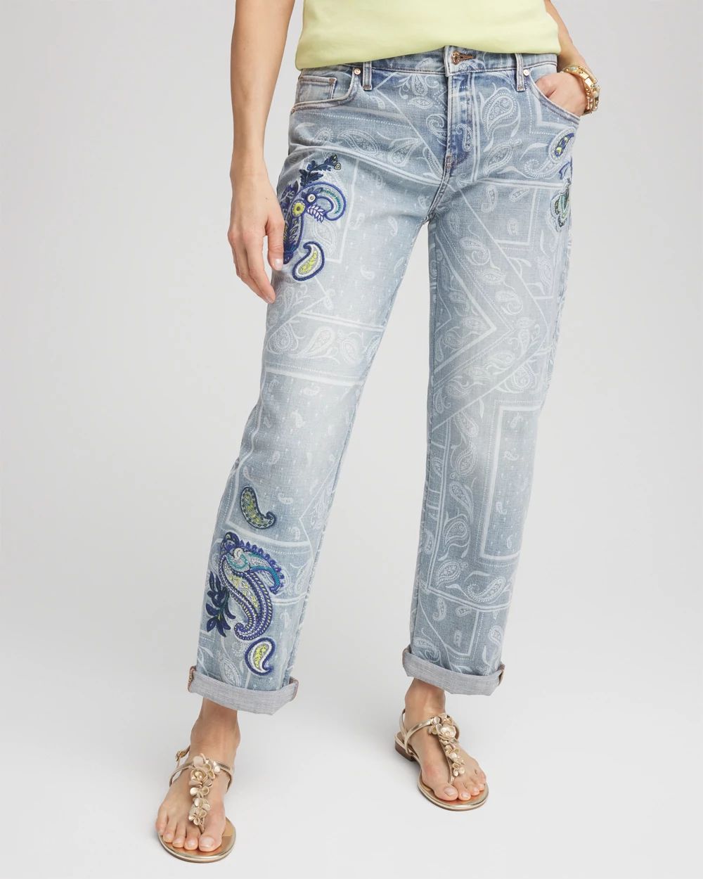 【KOOLOSET】Denim Applique Pig Half Tee Paisley Applique Cropped Jeans | Chico's